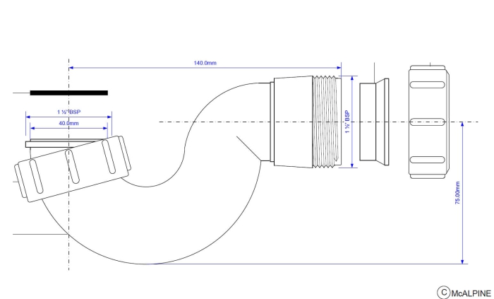 Technische Zeichnung Bidet-Siphon 6/4 Zoll mit Maßangaben: 140 mm Ausladung, 75 mm Abstand Mitte Abgang bis Unterkante und 40 mm Rohranschluss